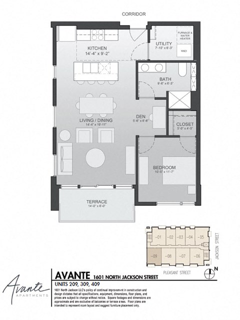 Floor plan for 1 bed, 1 bath, 825 sqft